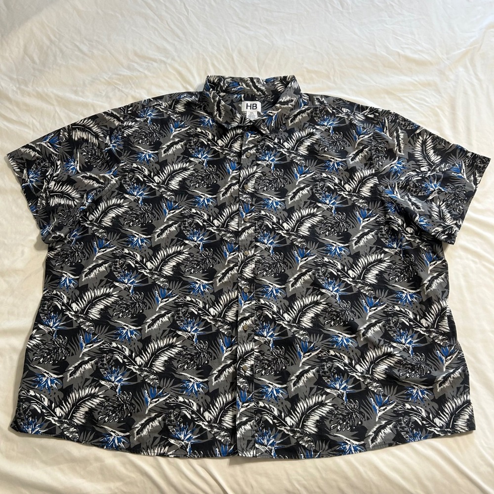 HB Mens 5XL Short Sleeve Button Down Shirt Floral Tropical Palm Leaf Blue Grey